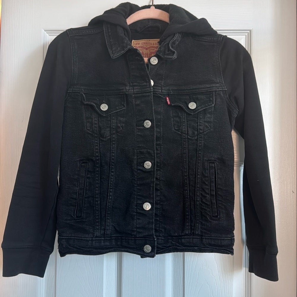 LEVIS Jean Jacket Hybrid Hoodie Black Denim Trucker XS